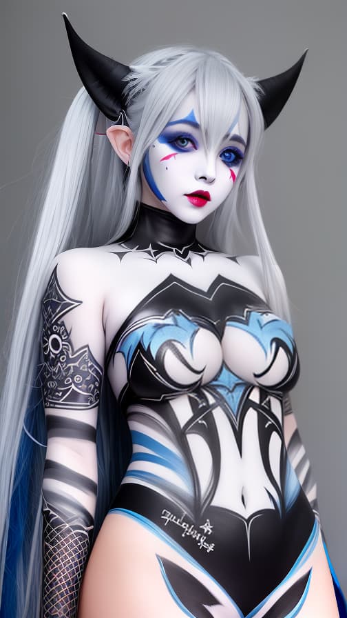  silver and blue bat pattern body paint in every corner of the body, Grey body paint all over the body, White face paint on the face, Two dark elfs, full body image 女性