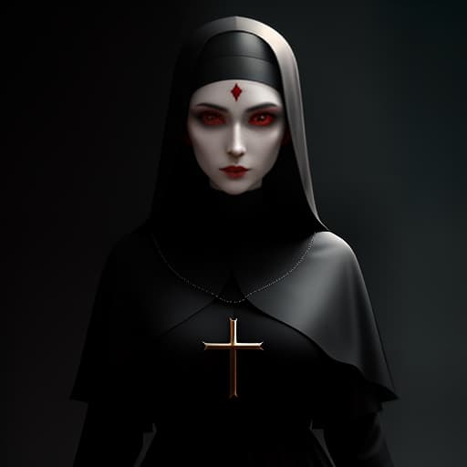  , nun, vampire, short hair, pale skin, thin lips, (third eye in the forehead), red eyes, nun clothes, nun headdress, hyperrealistic, full body, detailed clothing, highly detailed, cinematic lighting, stunningly beautiful, intricate, sharp focus, f/1. 8, 85mm, (centered image composition), (professionally color graded), ((bright soft diffused light)), volumetric fog, trending on instagram, trending on tumblr, HDR 4K, 8K