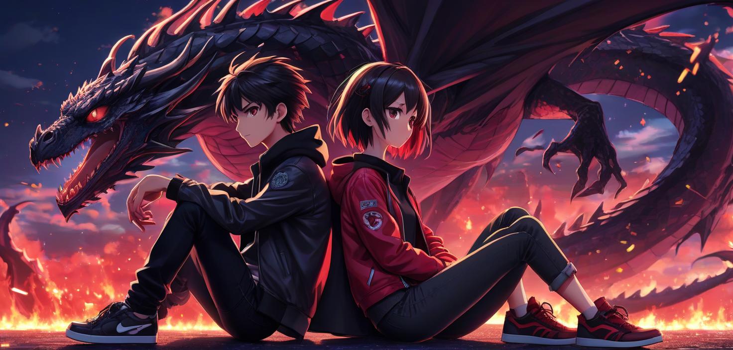  anime artwork a beautiful anime couple, the photo cover format, that is, the main background on the right, and on the left the couple itself does not take up more than half of the photo. a guy in a light black jacket, black shirt and black jeans with black and red sneakers, along the entire length of the visible side there should be a matrix of numbers in the form of a dragon, black. a girl in a red jacket and with the same set of clothes, there should be a "darklie" logo in a black flame on the shoulder of the jacket. the couple should be sitting hugging, the background of the sky fi format, part of the background should be a black and purple matrix. . anime style, key visual, vibrant, studio anime, highly detailed