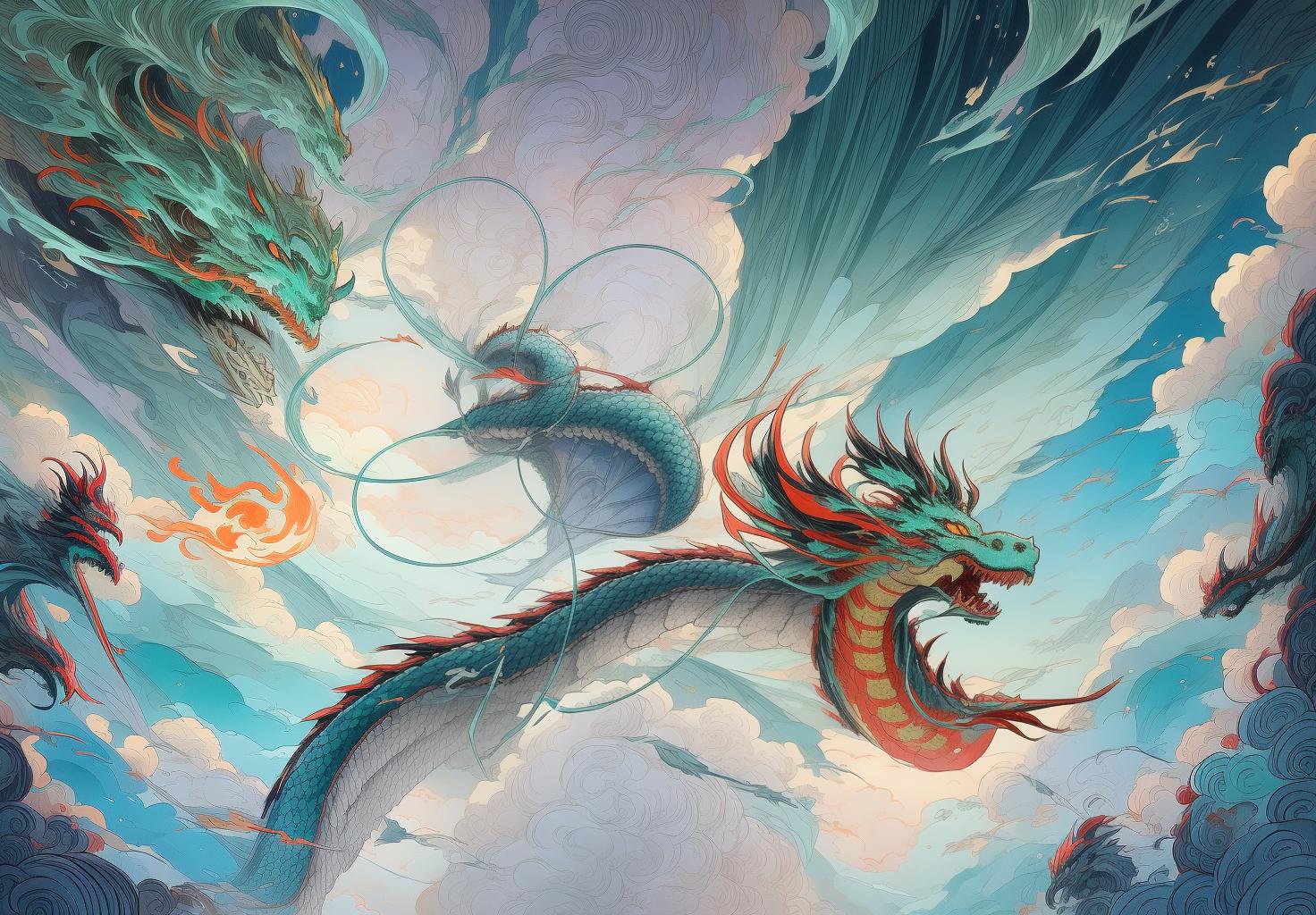  artline, highly detailed illustration of a chinese dragon, based on line art, long serpentine body, sharp claws, fierce eyes, flowing mane and tail, elaborate claws and whiskers, traditional chinese style, vibrant and dynamic, mythical creature, rich in textures and patterns, inspired by chinese folklore and art, majestic and powerful appearance, full of cultural elements, ornate and decorative design, ultra detailed, hyper realistic, 8k resolution, dark sky blue and light emerald colors, swirling colors, 2d art, guofeng, dragon coiled in mid air, breathing fire, surrounded by clouds