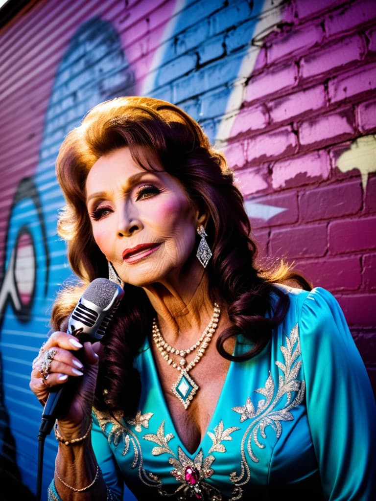  The young country singer Loretta Lynn, medium shot, upper body, spotlight, long exposure lighting, street art style spray paint, glamour lighting