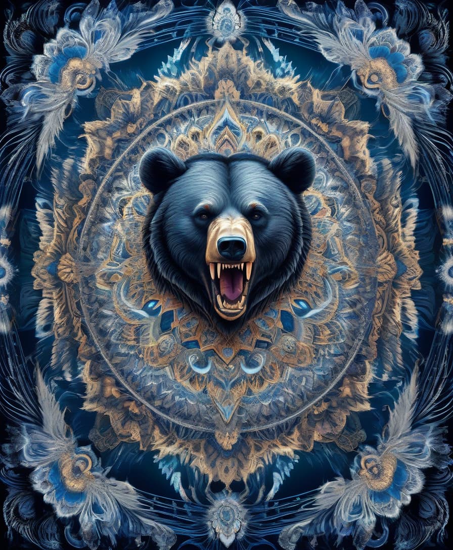  hdr photo of digital image. conceptual art. (a bear with a bared mouth full of sharp fangs, appearing in ancient russian ethnic ornaments that make up a symmetrical mandala consisting of an endless forest, a wide flowing river and majestic mountains, the mandala is decorated with a fantastic ice pattern). abstract elements: crystals, beads, feathers. the effect of dissolving the natural shades of fur in sky waves. filigree finishes, mysterious neon glowing accents, intricate. stylization. neo rococo style. stylish, dynamic, atmospheric. background dissolving abstract patterns in the space:: vignetting:: complex ethnic ornament. mystery, fantasy surrealism. high detail. high quality. hdr. . high dynamic range, vivid, rich details, clear sh