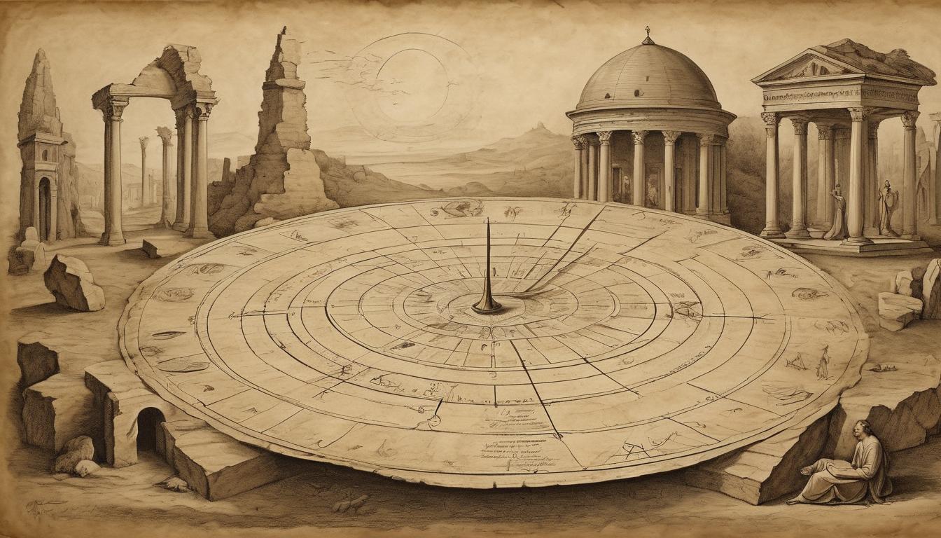  on parchment, surrealism++, colossal sundial with intricate carvings, shadows stretching, surrounded by ancient ruins, mystical atmosphere, sense of timeless wisdom(mysterious, provocative, symbolic)++