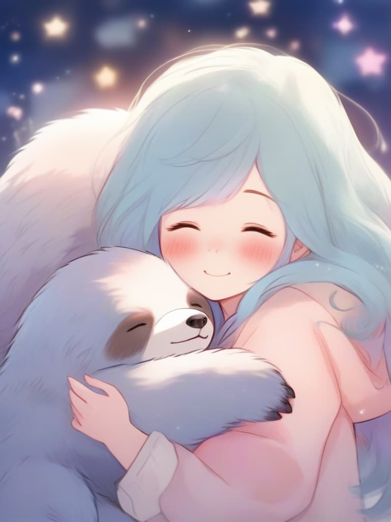  masterpiece,(((light tones))),one girl,{{(two toned hair color): (delicate pink hair color),((delicate light blue hair color))},fluffy hair,eyes closed,smiling,hugging a fluffy stuffed sloth,face focus,stardust background,dream world,high quality,16k