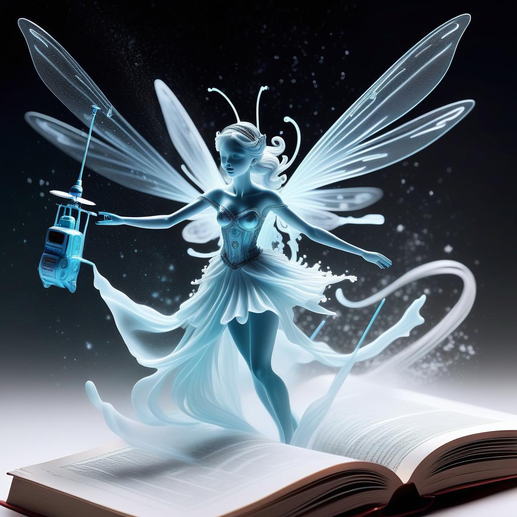  line art drawing highly detailed translucent snow fairy with wings of snow (holding a toy radio controlled helicopter:1.3), blizzard appear from the pages of a fairy tale book, translucent snow blizzard magic snow fairy reaching out of a 3d sculptured book; the souls escaping from book, motion blur action side profile shot of spirit tepping out of book, astrodimensional iridescent spirit of the light, disintegrating into starlight and holographic particulate trails of wispy snow by alberto seveso by giger liquid snow effects in wind :: wind blowing left 3d shading; pulsing with an inner light; clear and sparkling, smooth, flowing, shimmer; 16k resolution, hyperdetailed, intricate beautiful details . professional, sleek, modern, minimalist, 