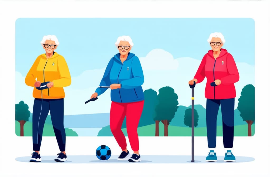  elderly women of different nationalities doing sports outdoors, flat illustration ar 3:2 {prompt}, maximum details