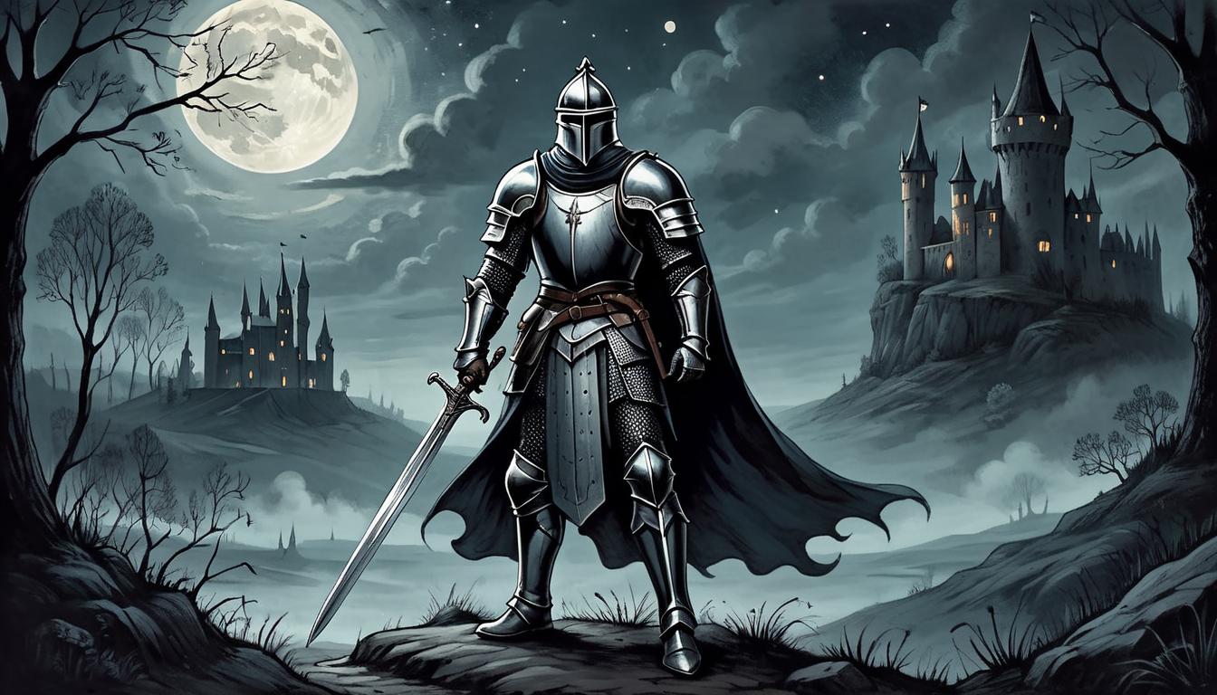  on parchment, surrealism+++, a vigilant knight in shining armor, holding a gleaming sword, watchful stance, dark landscape under moonlight, shadowy figures lurking, sense of readiness and protection(mysterious, provocative, symbolic,muted color)+++