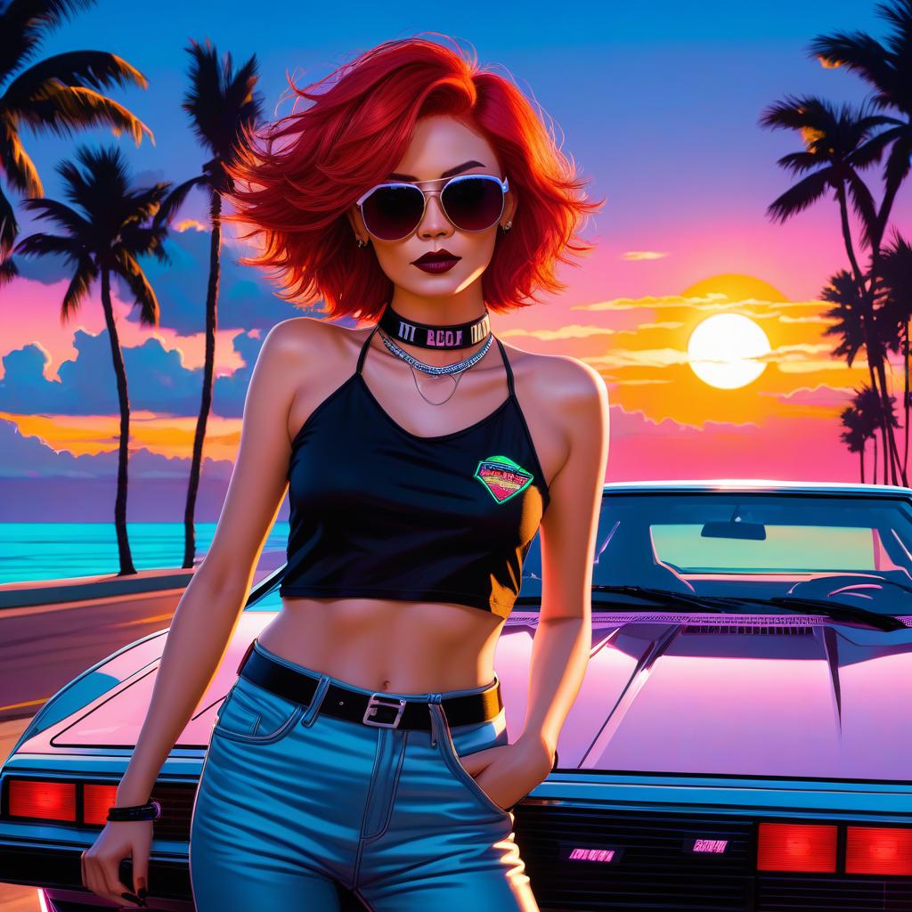  a woman with red hair, a short pixie haircut in sunglasses, a top top t shirt, with a choker around her neck, stands against a neon sunset in full height near a delorean dmc 12 car. seaside, palm shade. neon sunset. neon sign "neon cherry". digital photo. high detail. high realism.