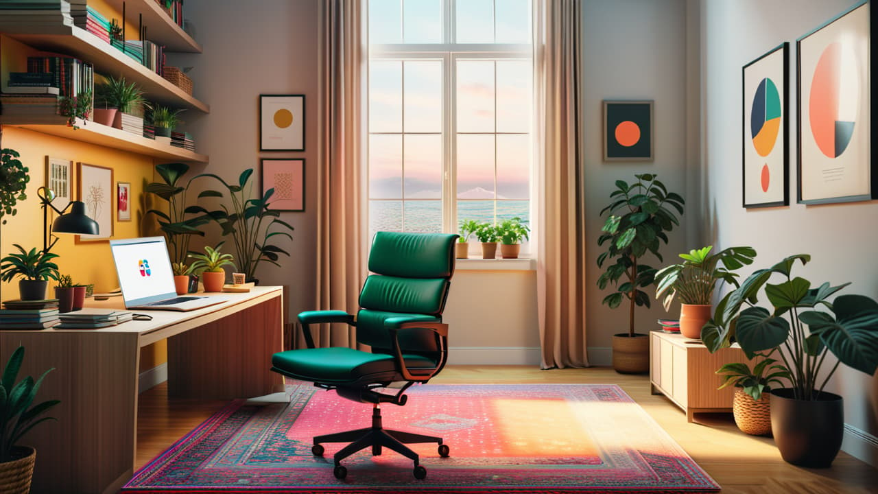  a bright home office scene featuring a minimalist desk with a laptop, potted plants, colorful stationery, cozy lighting, an ergonomic chair, and a vision board, all arranged for an inspiring and productive atmosphere. hyperrealistic, full body, detailed clothing, highly detailed, cinematic lighting, stunningly beautiful, intricate, sharp focus, f/1. 8, 85mm, (centered image composition), (professionally color graded), ((bright soft diffused light)), volumetric fog, trending on instagram, trending on tumblr, HDR 4K, 8K