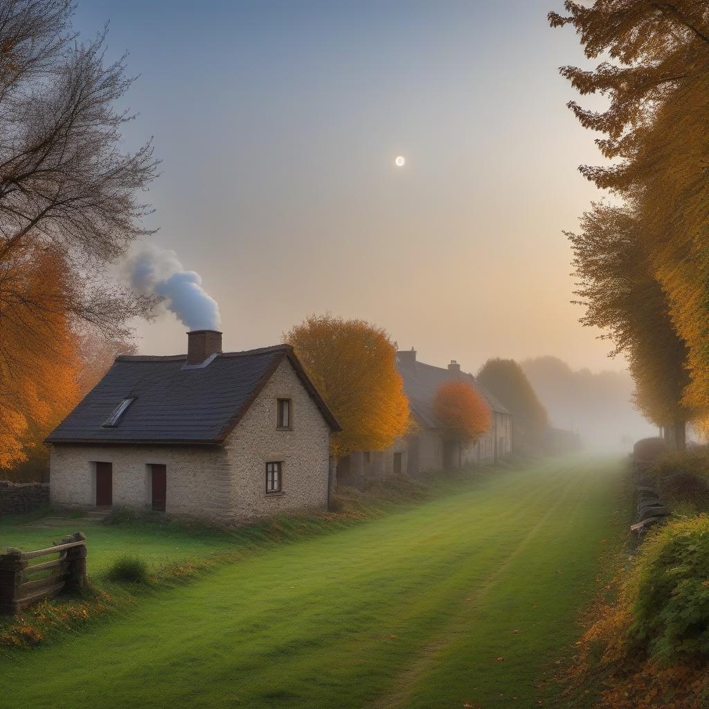  Autumn in the village. Several houses with smoke visible from the chimneys. There is one bright star in the sky. Don't worry our nerves, What's out there in the world, what happened... misty mist in the village The leaves flew from the apple trees, The smell of summer was forgotten. Happy birthday to the Most Pure, Autumn, rural life...