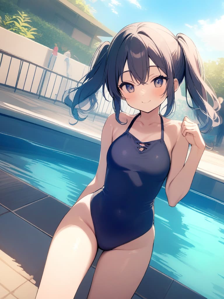  women's elementary students, twin tails, rich smiles, cute smiles, navy blue swimwear, old swimwear, swimwear, simple, male, shaped clear , shaped clear, clear stem, shaped crisp, male bulge,, front. the whole body, pool side,