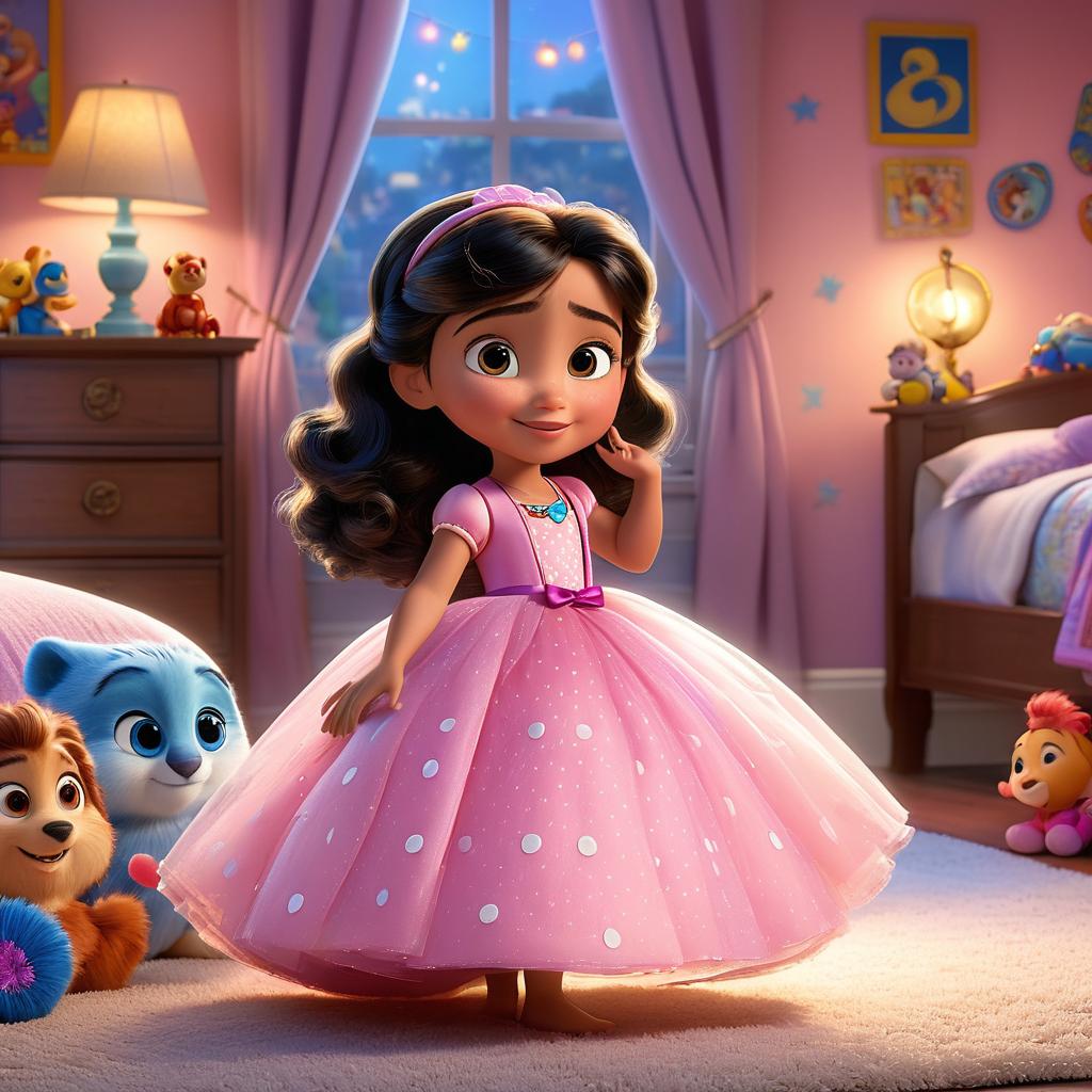  in 3d animated movie style. disney pixar style. fatima, in a pink dress with white polka dots, plays with her toys in her cozy, colorful bedroom. magical shimmer fills the room, animating her toys mr. snuggles' bowtie glows, luna's horn sparkles, and captain bubbles' hat twirls. pastel tones and soft, bright lights highlight the enchanting scene. high resolution pixar 3d animated film style captures the magic and wonder. camera angle at fatima's eye level, tilted slightly to convey movement and magic. delight in fatima's face as she witnesses her toys coming to life.