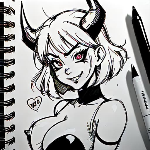  demon girl with big eyes, short hair, which is longer in front, under the right eye black heart, horns, smiles, frank outfit., sketch, manga sketch, pencil drawing, black and white, manga, manga style, low detail, line art, vector art, monochromatic, by katsuhiro otomo and masamune shirow and studio ghilibi and yukito kishiro