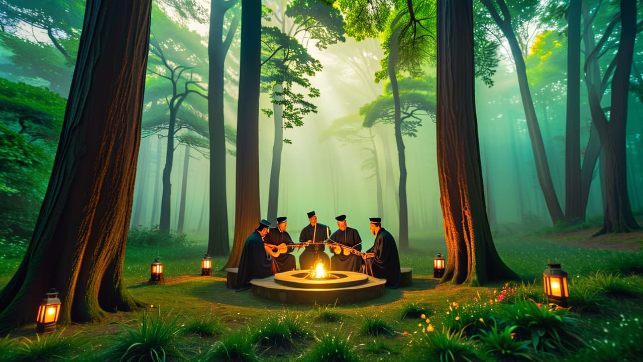  a serene forest scene with a circle of musicians playing traditional instruments, surrounded by glowing lanterns, ancient trees, and vibrant flowers, capturing the essence of folk music's spiritual connection to nature and culture. hyperrealistic, full body, detailed clothing, highly detailed, cinematic lighting, stunningly beautiful, intricate, sharp focus, f/1. 8, 85mm, (centered image composition), (professionally color graded), ((bright soft diffused light)), volumetric fog, trending on instagram, trending on tumblr, HDR 4K, 8K