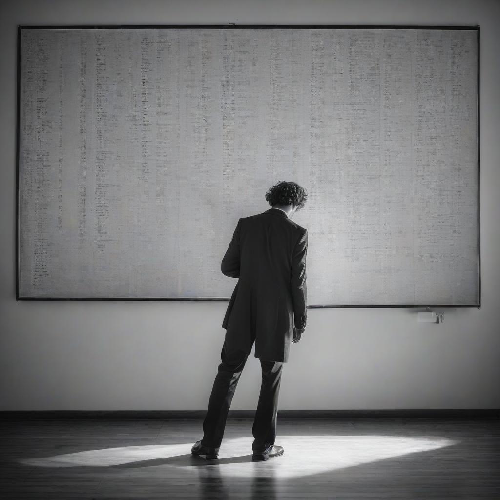  digital photography. full length figures in the frame. a man's hair is ruffled by a mathematician. dynamics. stands with his back to the viewer at the board solving mathematical formulas from which he tears a sheet of paper.