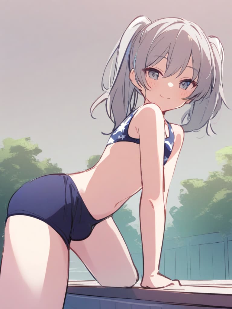  women's elementary students (male), twin tails, cute smiles, (rich s), short stature, dark blue swimwear, old swimwear, swimwear, simple, (upward), upward, (bulge), front, whole body, pool side ,,,