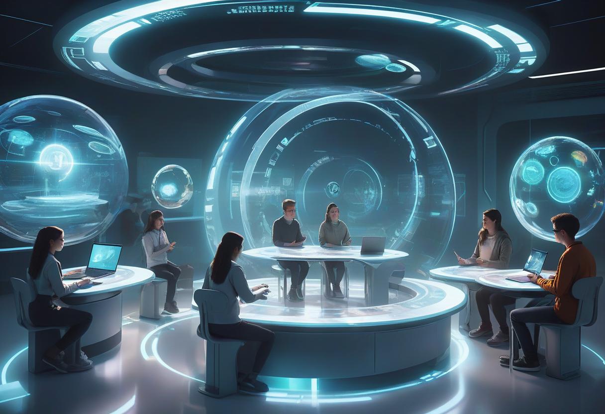  students in a futuristic classroom interact with floating holographic lessons. information circles around them in bright, dynamic rings. the atmosphere is advanced, yet inviting."