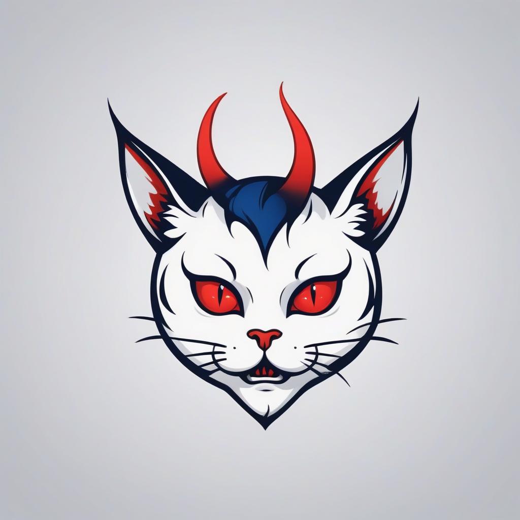  the logo in the form of a feminine cat head with a playful look and small red horns of the devil on his head. the background color is white. the color of the head is black and dark blue.