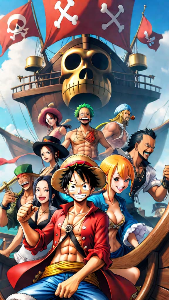  anime art of one piece characters celebrating friendship and freedom, smiling and cheering together on a pirate ship hyperrealistic, full body, detailed clothing, highly detailed, cinematic lighting, stunningly beautiful, intricate, sharp focus, f/1. 8, 85mm, (centered image composition), (professionally color graded), ((bright soft diffused light)), volumetric fog, trending on instagram, trending on tumblr, HDR 4K, 8K