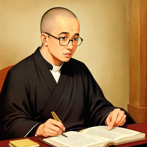  Slippery-headed, bespectacled monk reading sutra, male, retro.