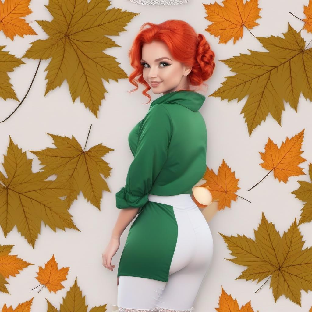  A cute cartoon girl with huge green eyes, red curls gathered in a careless bun, a perky smile holding a maple leaf in her hands, drawing details, a playful atmosphere in the style of a cartoon