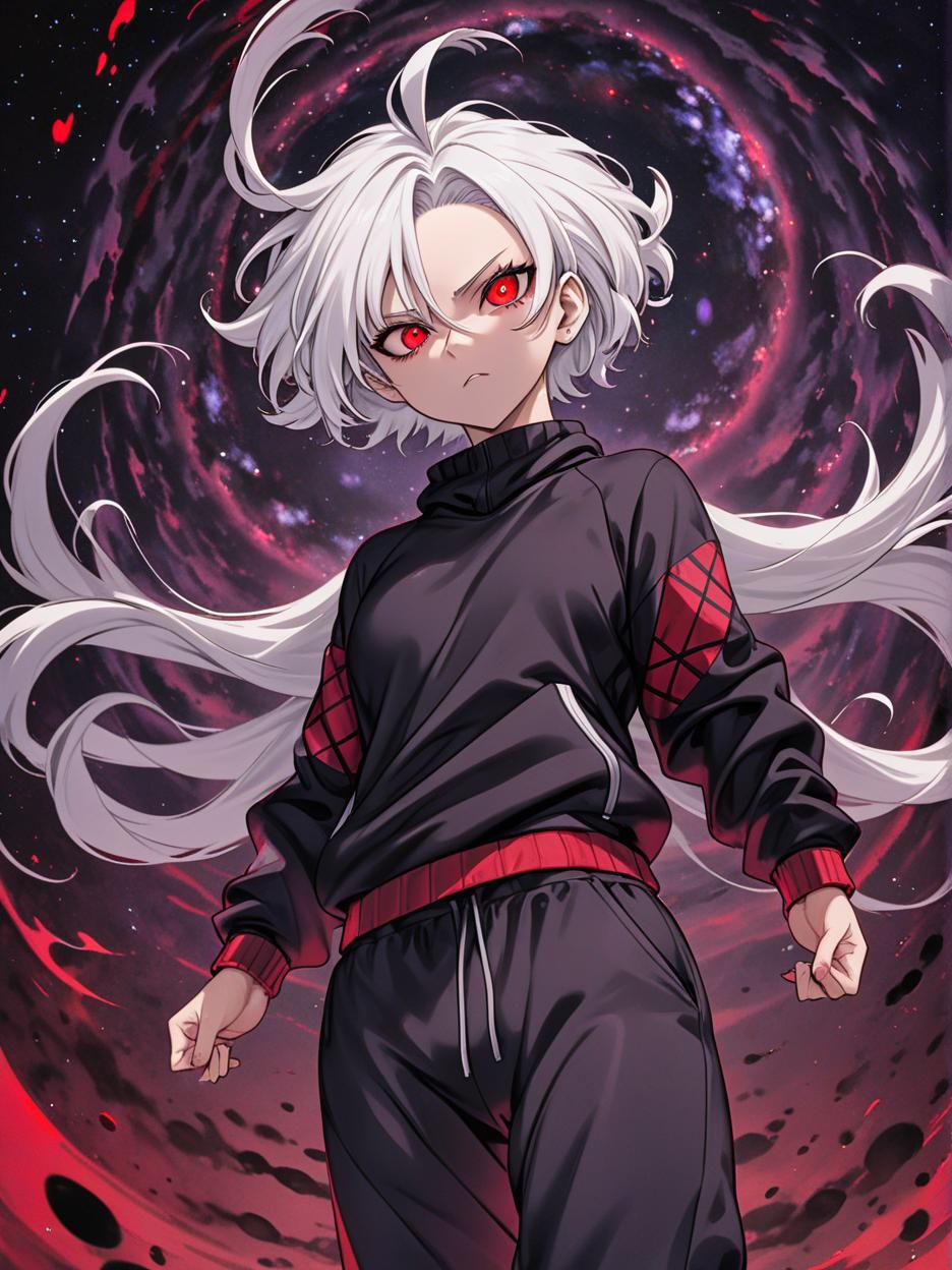  manga artwork satoru gojo, jujutsu kaisen, woman version, beautiful woman with large length white hair, red galaxy eyes. revealing his deep red eyes, skinny black clothing, baggy sweatpants. futuristic base background, hyper realistic atmospheres, details, 8k. manga artist. manga, highly emotional. best quality, high resolution