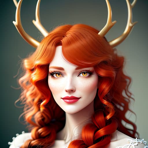  Red haired girl with orange eyes and curly red hair, antlers of a deer in a white clinging dress., Photorealistic, Hyperrealistic, Hyperdetailed, analog style, demure, detailed skin, pores, smirk, smiling eyes, matte skin, soft lighting, subsurface scattering, realistic, heavy shadow, masterpiece, best quality, ultra realistic, 8k, golden ratio, Intricate, High Detail, film photography, soft focus hyperrealistic, full body, detailed clothing, highly detailed, cinematic lighting, stunningly beautiful, intricate, sharp focus, f/1. 8, 85mm, (centered image composition), (professionally color graded), ((bright soft diffused light)), volumetric fog, trending on instagram, trending on tumblr, HDR 4K, 8K