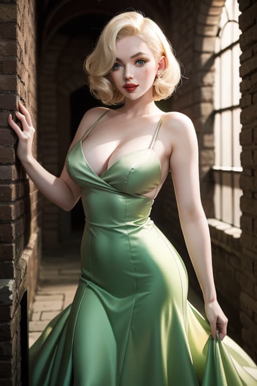  Marilyn Monroe (((pale skin))) ((blonde hair)) ((green eyes)) vintage gown in a dungeon
