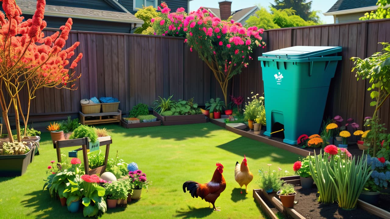  a vibrant urban backyard, showcasing a small vegetable garden, compost bin, rainwater collection system, and chickens pecking at the ground, surrounded by recycled materials and colorful flower pots, all under a bright blue sky. hyperrealistic, full body, detailed clothing, highly detailed, cinematic lighting, stunningly beautiful, intricate, sharp focus, f/1. 8, 85mm, (centered image composition), (professionally color graded), ((bright soft diffused light)), volumetric fog, trending on instagram, trending on tumblr, HDR 4K, 8K