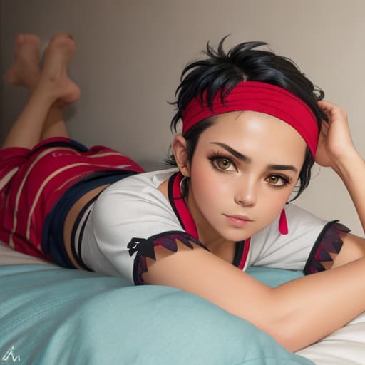  Female, shaved head, wearing pirate bandana, fever, cooling head, lying in bed, background indoor, expression of distress, wearing top and bottom short-sleeved pajamas, pop.