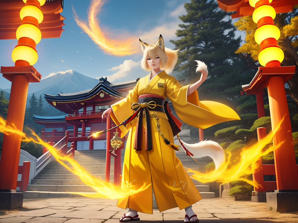  japanese style, yellow, power, real fox, shrine, masterpiece, best quality,8k,ultra detailed,high resolution,an extremely delicate and beautiful,hyper detail