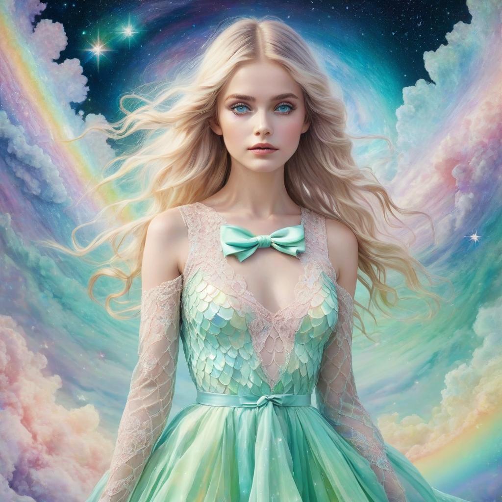  an atmospheric oil picture with a hyperreal picture of a mesmerizingly beautiful celestial girl, full length, short lace dress, with a bow in his hands, in the rainbow scales of pale pastel tones with huge watery green eyes, colors of sorrow and crystal structures, photo real stars of the pastel tones galaxy