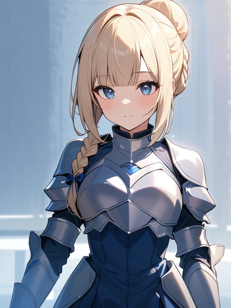  ultra detailed:1.2,masterpiece:1.2,best quality,masterpiece,bestquality,hdr:1.1,8k:1.1,very cute girl:1.3,(silver armor dress,blue dress:1.3)((blond hair,chignon:1.7)),((braided side hair,blunt bangs:1.6)),(blue head ribbon:1.1),(blue eyes:1.3),(holding great sword:1.6)dignified expression:1.3,upper body:1.3