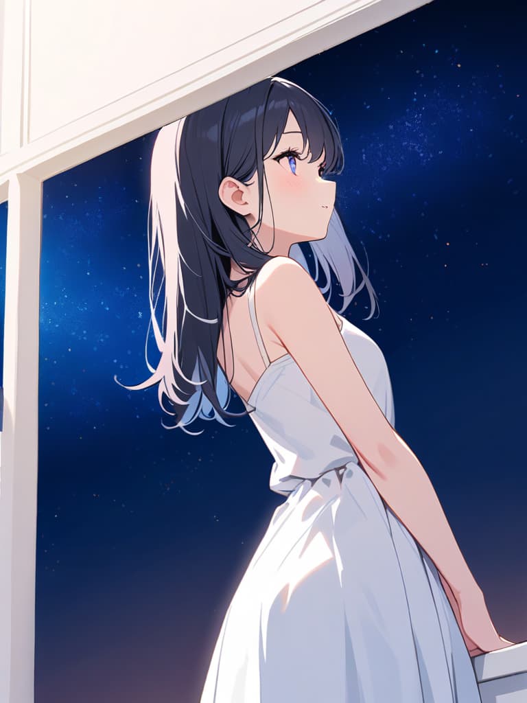  (beautiful girl:1.5)(black hair:1.7)(long straight hair:1.7)(blue eyes:1.7)(side profile:1.5)(in cute white dress:2.0){looking up at starry sky:2.0}(night sky:1.5)(beautiful starry sky:1.7)masterpiece,high quality,16k,super analysis