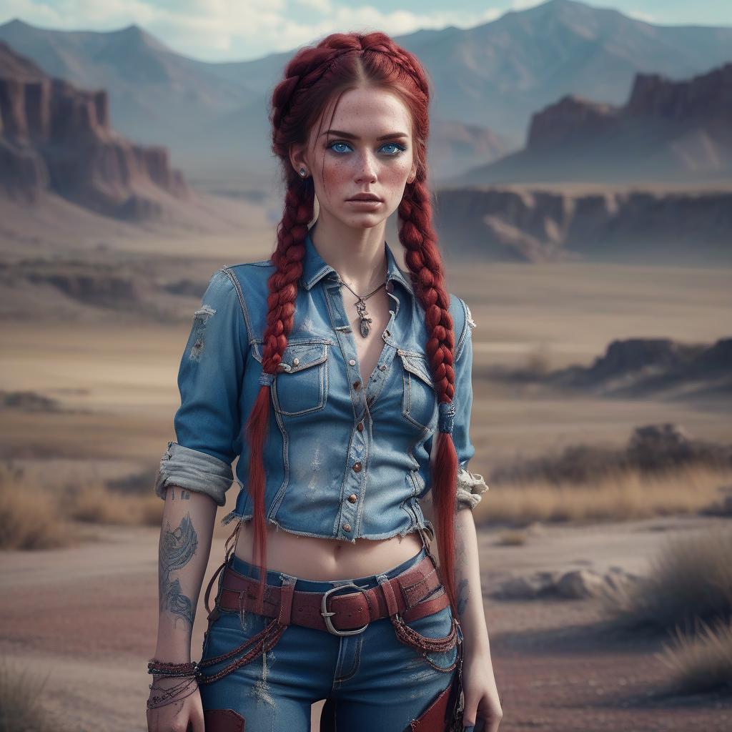  grunge style hd 4k 3d professional modeling photo hyper realistic beautiful enchanting cowgirl woman dark red hair braids fair skin freckles blue eyes gorgeous face cowgirl outfit magical western country landscape hd background ethereal mystical mysterious beauty full body . textured, distressed, vintage, edgy, punk rock vibe, dirty, noisy