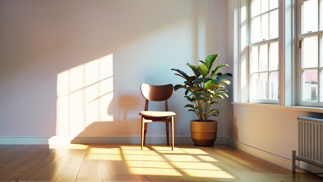  a serene minimalist room featuring a single stylish chair, a small potted plant, and a neatly organized shelf. one item being removed from a box, symbolizing the 1 in 1 out rule. soft natural light filters through a window. hyperrealistic, full body, detailed clothing, highly detailed, cinematic lighting, stunningly beautiful, intricate, sharp focus, f/1. 8, 85mm, (centered image composition), (professionally color graded), ((bright soft diffused light)), volumetric fog, trending on instagram, trending on tumblr, HDR 4K, 8K