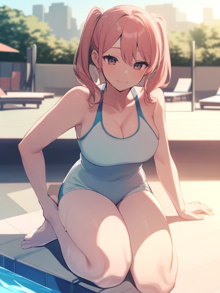  s, twin tails, cute smiles, male (,), swimwear, , male swelling ( swelling), whole body, pool side,