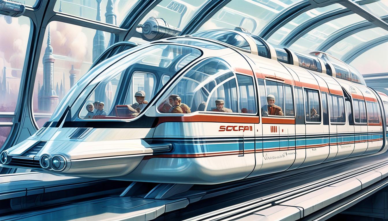  high detail, high quality, soviet retrofuturism, ussr, space, monorail car, transparent roof, monorail, hydrogen engine, travels at speed