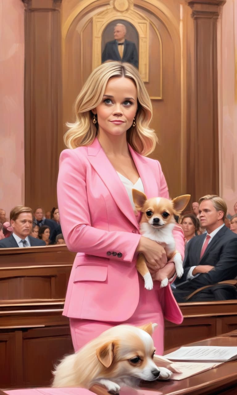  concept art color pink, white, black, gold courtroom reese witherspoon to the waist in a pink suit speaks to the judge in her arms is a chihuahua hua dog . digital artwork, illustrative, painterly, matte painting, highly detailed, perfect hands