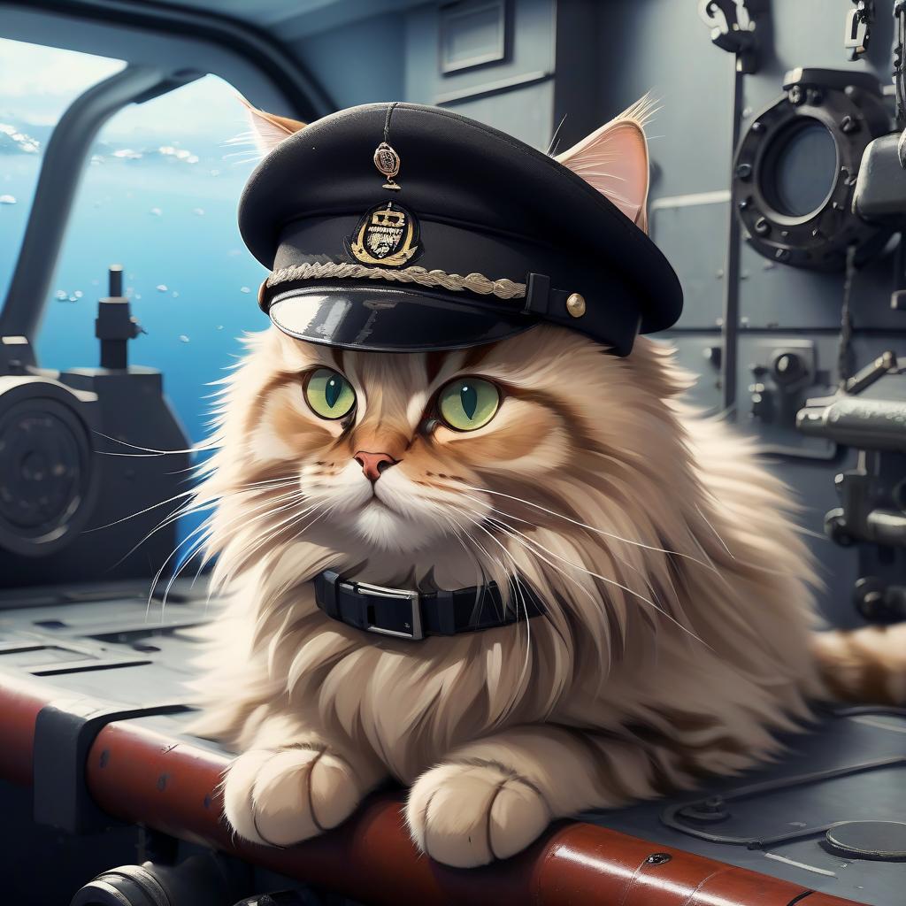  siberian cat in a black cap on a submarine