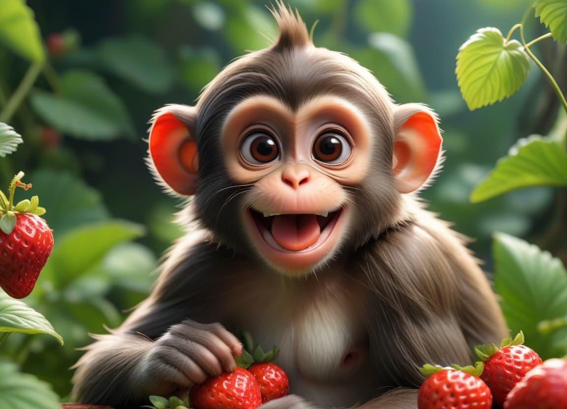  anime artwork imagine of smiling monkey eating strawberries . anime style, key visual, vibrant, studio anime, highly detailed hyperrealistic, full body, detailed clothing, highly detailed, cinematic lighting, stunningly beautiful, intricate, sharp focus, f/1. 8, 85mm, (centered image composition), (professionally color graded), ((bright soft diffused light)), volumetric fog, trending on instagram, trending on tumblr, HDR 4K, 8K