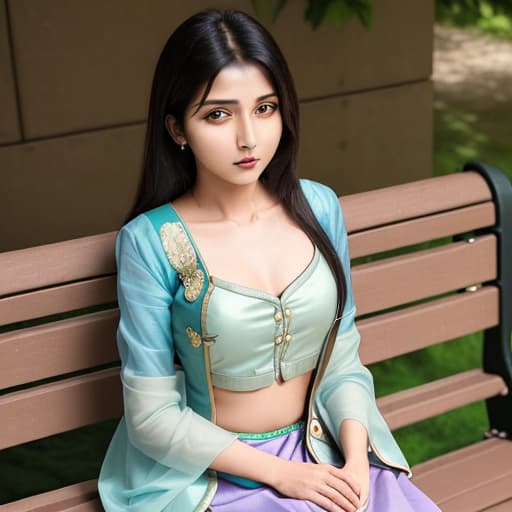  a indian lady sitting on bench and remove her chest button