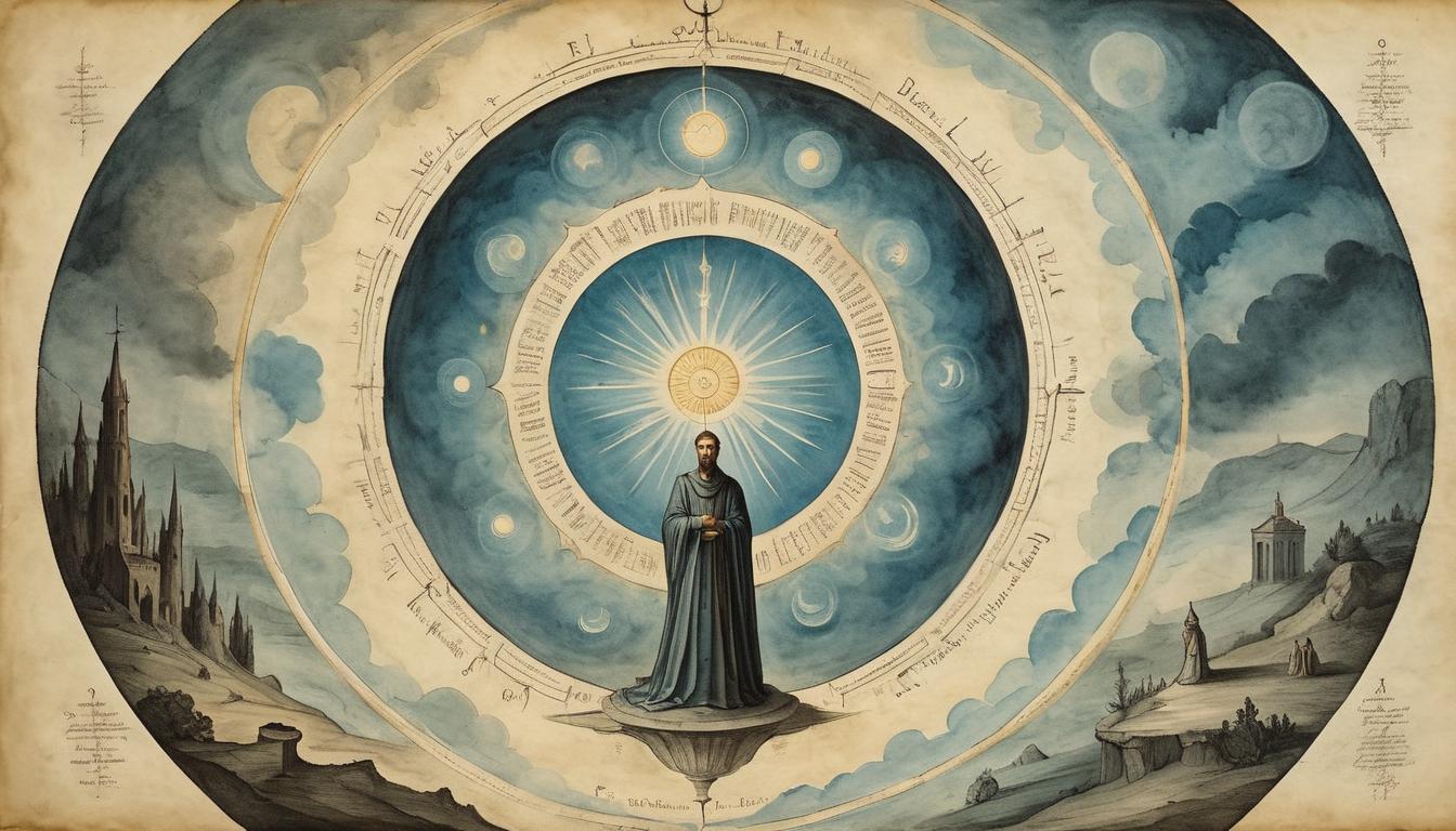  on parchment, surrealism+++, radiant figure standing in circular emanation of light, shadows cast outside, atmosphere of divine protection, inner growth, autonomy(mysterious, provocative, symbolic,muted color)+++