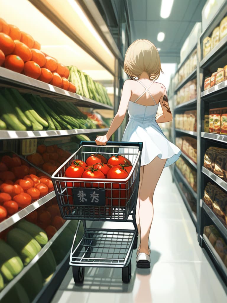  with tomatoes, blonde ponytails, white headphones, snakes on the legs, whole body, walking figure, girls on their arms, girls wearing white dresses, shopping carts, pressing shopping carts, gestures, shopping carts. is containing eggplant and celery, a small wing tattoo on the back, a tattoo on the upper arm, a snake tattoo on the thigh, masterpiece, best quality,8k,ultra detailed,high resolution,an extremely delicate and beautiful,hyper detail