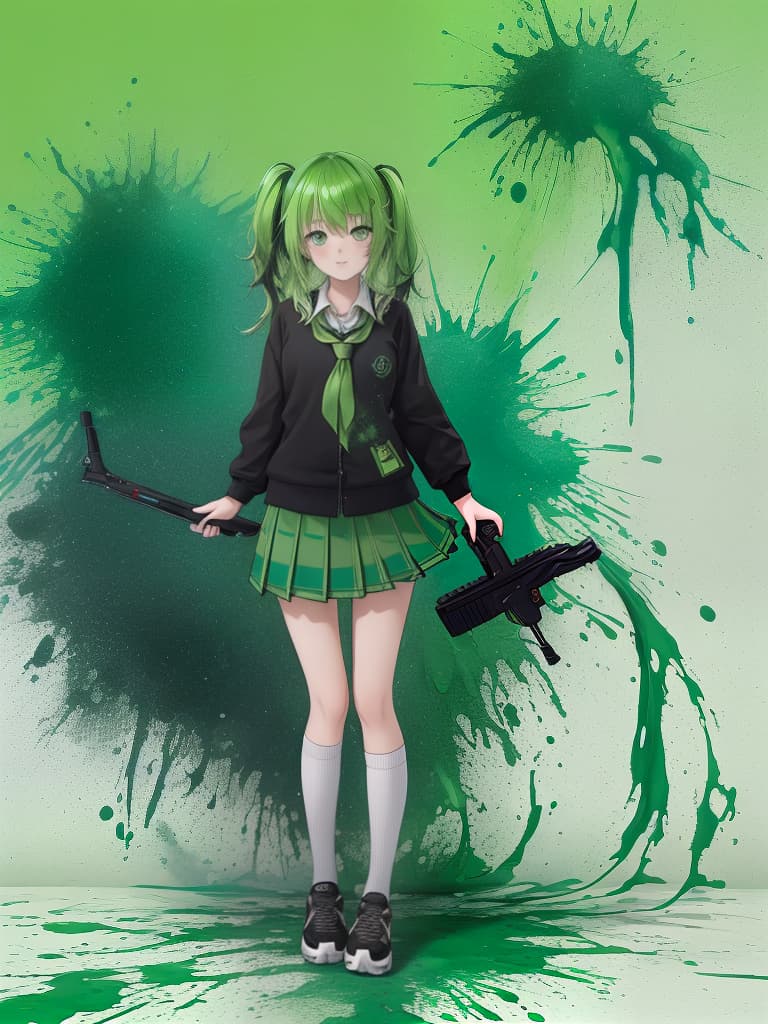  (4k 8k:1.3),(ultra hd:1.5),(accurate image quality:1.5),green haired schoolgirl on colorful grunge splat background with ink painting