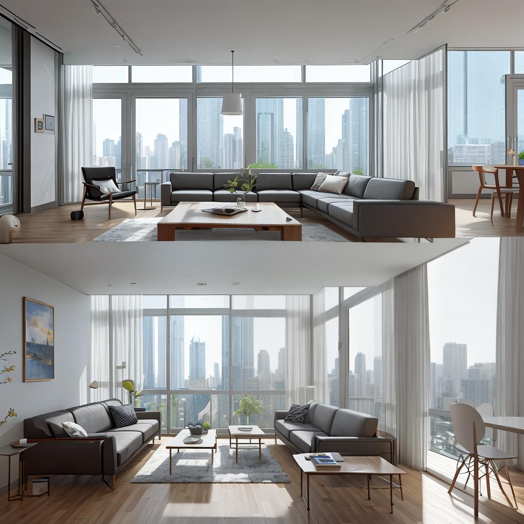  masterpiece, best quality, Best Quality, Masterpiece, 8k resolution,high resolution concept art of an apartment living room with floor to ceiling windows and modern furniture