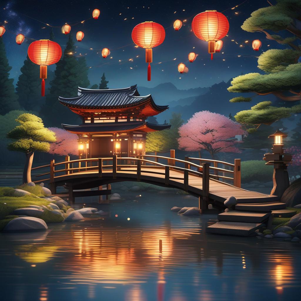  masterpiece, best quality, (Fidelity: 1.4), Best Quality, Masterpiece, Ultra High Resolution, 8k resolution, A night view inspired by Japanese art, featuring a garden illuminated by paper lanterns and a wooden bridge spanning a tranquil lake, by the lakeside, there is a small Zen temple. The water reflects the starry sky.