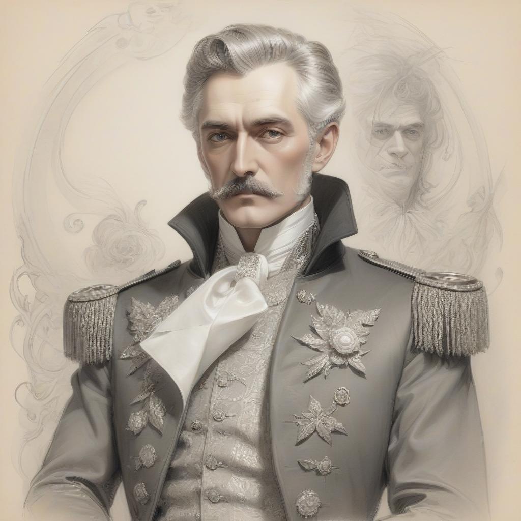  surrealist art portrait of a handsome gray haired russian count of the 19th century, harrison fisher, pencil drawing on paper, intricate details . dreamlike, mysterious, provocative, symbolic, intricate, detailed