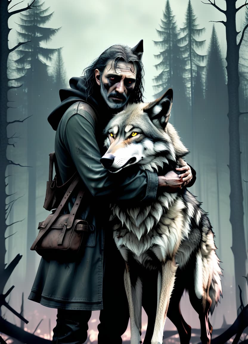  dystopian style make him a witch, he hugs his daughter, he's got a familial wolf, behind him is a forest. . bleak, post apocalyptic, somber, dramatic, highly detailed