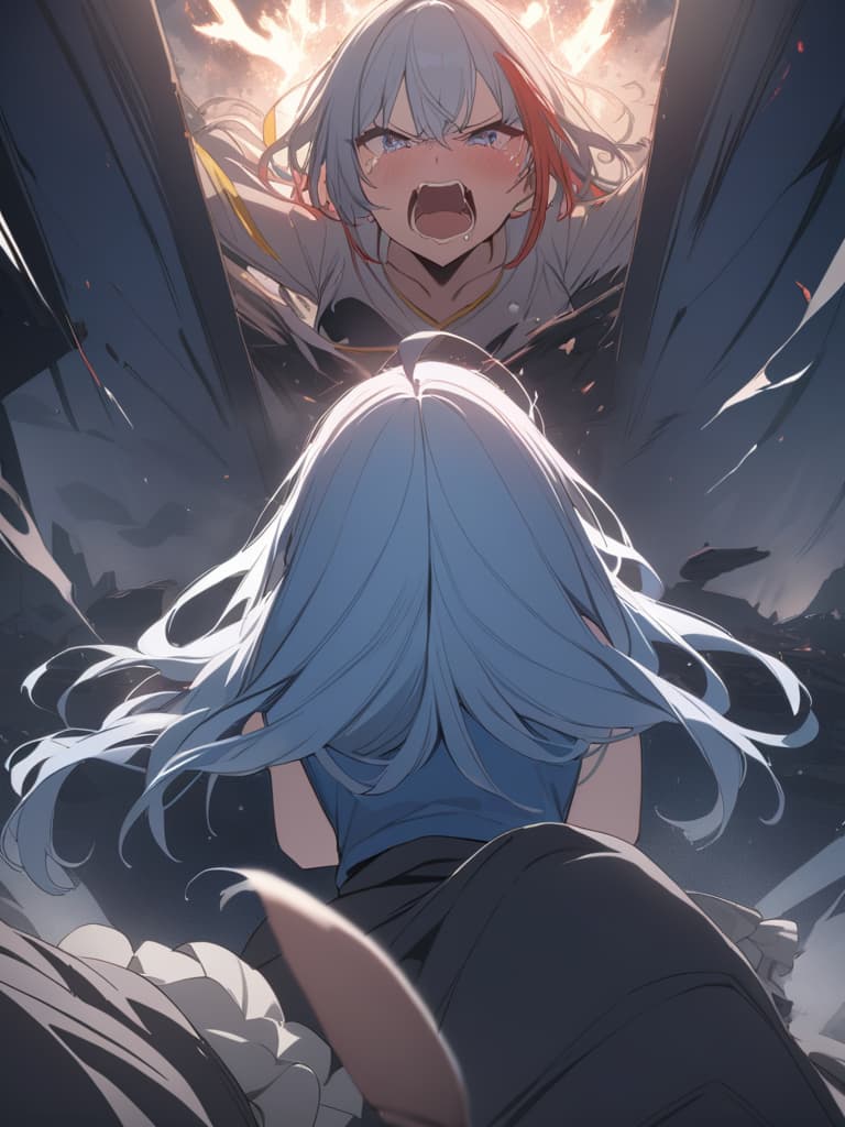  light blue hair, light blue, bob hair, darkness, hatred, angry crying, night, ending world, shouting, devil summoning, all are destroyed!, masterpiece, best quality,8k,ultra detailed,high resolution,an extremely delicate and beautiful,hyper detail